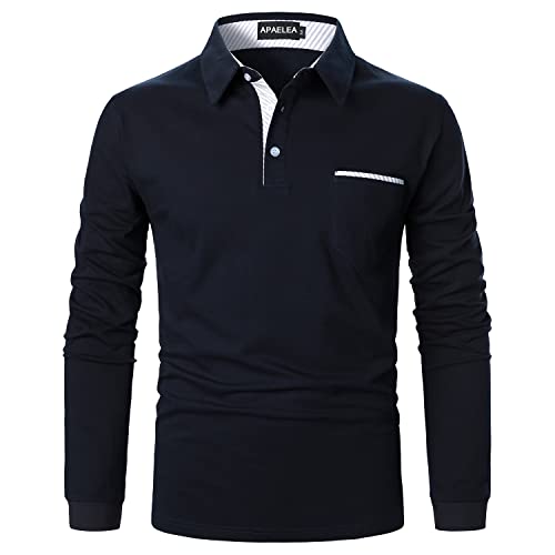 APAELEA Polos Manches Longues Homme à Rayures Chemises en Coton Décontracté T-Shirt de Golf,Marine,L Cover