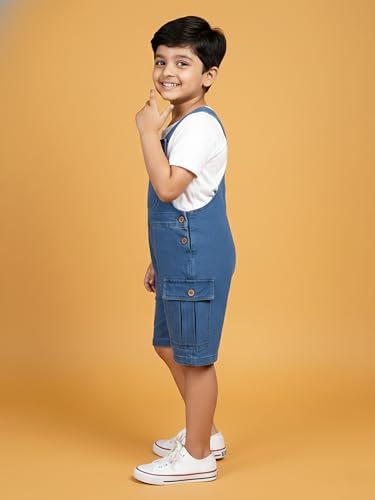 Image of KiddoPanti Unisex Denim Cargo Dungaree Shorts | 69.1% Cotton 29% Spun Poly 1.9% Spandex | Above Knee Length | Soft Breathable Summer Dungaree