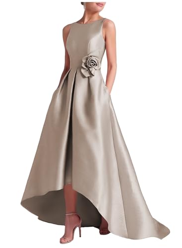 Satin Hi-Low Mother of The Bride Dresses Crew Neck Formal Dress A Line Elegance Wedding Guest Dress with Pockets