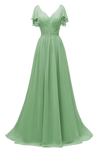 Image of Yexinbridal Ruffle Sleeves Bridesmaid Dresses V-Neck Chiffon Long Formal Wedding Evening Party Gowns for Women