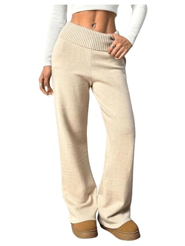 Verdusa Women's Fold Over Elastic Low Waist Lounge Pants Straight Leg Casual Sweater Pants