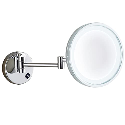 Espejo de maquillaje LED con luces, 5 aumentos de magnifina, espejo de tocador cromado montado en la pared, diseño giratorio extensible, cableado para afeitado y aseo en el baño.