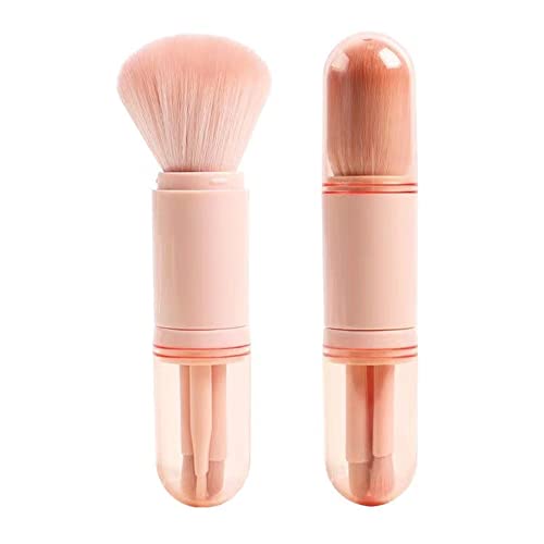 4 In 1 Portable Travel Lip Brush，Highlight Brush, Eyeshadow Brush, Foundation Blending Powder Brush ，Retractable Mini Face Cosmetic Makeup Brush Set（Pink） #TOP2