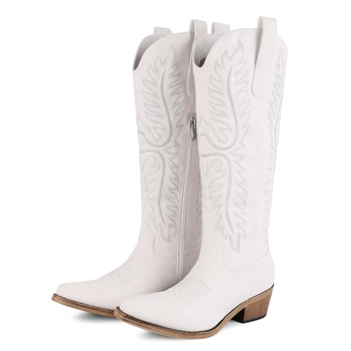 FancyQueen Cowboy Boots for Women Western Heel Cowgirl Boots Women Wide Calf Zipper Western Classic Embroidered Pointed Toe Knee High