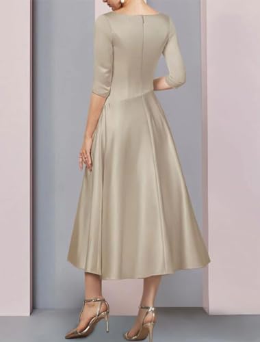 Lyhias A-Line Elegant Mother of The Bride Dress V Neck 3/4 Length Sleeve Tea Length Wedding Guest Dress with Pleats 20243