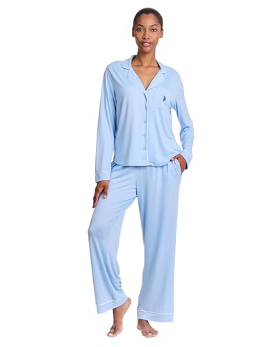 Image of U.S. POLO ASSN. Womens Lightweight Notch Collar Pajama Set | Classic Button Down Pajamas for Women with Long Sleeve Top and Pajama Pants