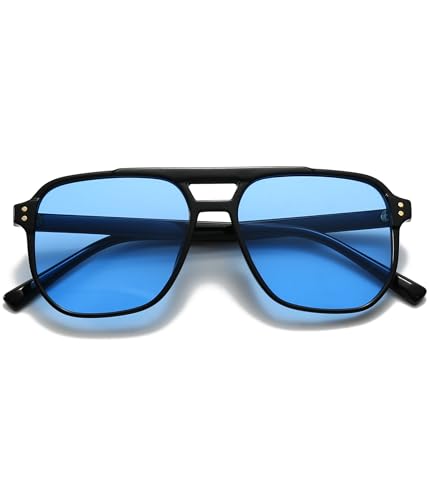 Image of EYLRIM Retro Aviator Sunglasses for Women Men Classic 70s Square Frame Sun Glasses Vintage Shades(A4 Black /Blue)