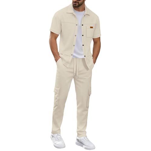 Herren Sommer Outfit Set Hemd Und Hose Set 2 Teiliges Hemden mit Tasche Cargohose Leichte Sommeranzug Freizeitanzug Strandanzug Hausanzug Streetwear Khaki L