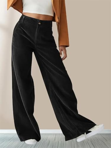 Women's Corduroy Wide Leg Pants Casual High Waisted Vintage Lounge Trousers Baggy Pants for Women with Pockets3