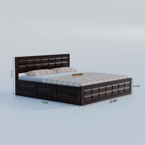 Image of Solid Sheesham Wood Queen Size Bed with Storage | Wooden Double Bed Cot for Bedroom & Home | Palang Double Bed with Designer Headboard | Walnut Finish | 81 x 62 Inch