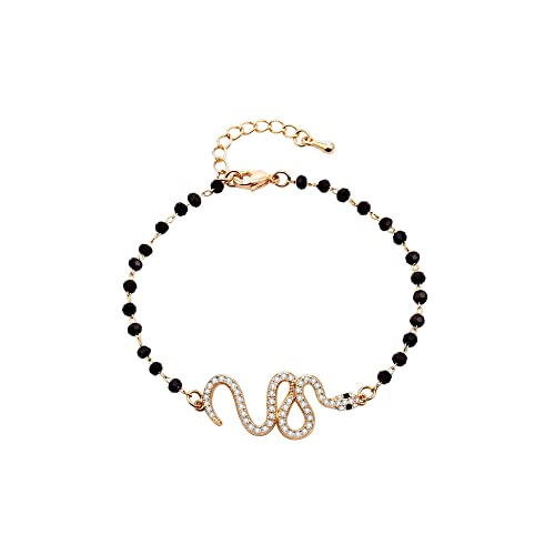 Cadeau bracelet femmes et filles avec petite chaîne perles noires et serpent brillant