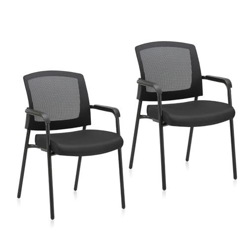 Image of CLATINA Stacking Chairs Set of 2, Stackable Waiting Room Chairs No Wheels with Armrest, Ergonomic Mesh Office Reception Guest Chair for Home Conference Lobby Church School Meeting Training, Black