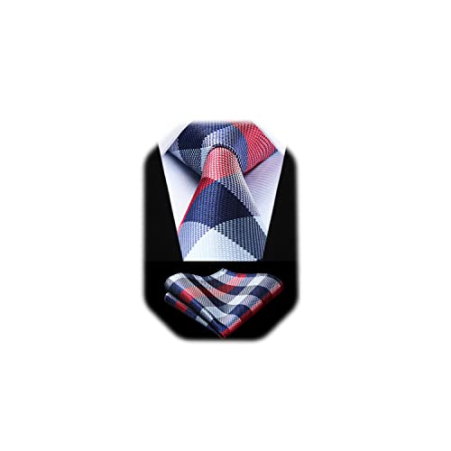 Image of HISDERN Mens Ties Plaid Tie and Pocket Square Set Classic Woven Formal Checkered Neckties & Handkerchief Wedding Party