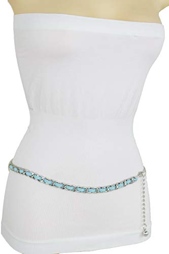 TFJ Women Fashion Belt Silver Metal Chain Links Hip High Waist Skinny Turquoise Blue M L XL3