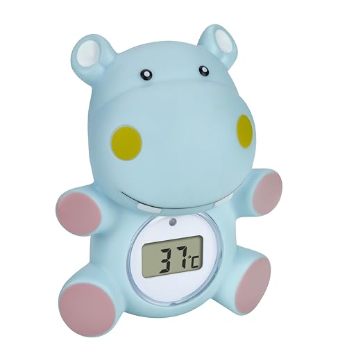 TFA Dostmann HIPPO, Termómetro de baño digital para bebés, 30.2034.14, para niños y personas mayores, también para piscinas, jacuzzis en forma de hipopótamo, 9,8 cm de alto, color azul