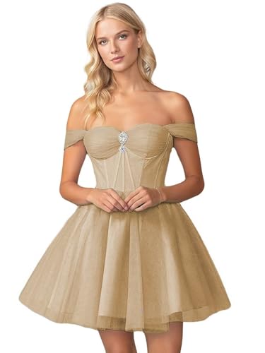 Off Shoulder Homecoming Dresses Tulle Sweetheart Sparkly Beaded Short DAMA Dresses for Quinceanera