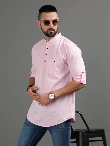 Image of DEEMOON Men's Cotton Blend Full Sleeve Short Kurta with Mandarin Collar Crafted from a Premium Cotton Blend