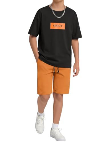 Image of Arshiner Boys Drop Shoulder T-Shirt & Drawstring Waist Shorts Summer Casual Outfits (5-12 Years)