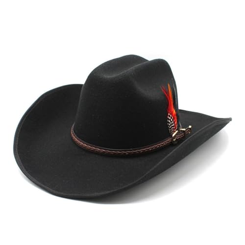 Image of Western Cowboy Cap for Men Women, Woolen Wide Brim Cowgirl Cap Belt Buckle Fedora Hat with Feather
