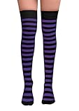 NuJake Calcetines a rayas para niñas por encima de la rodilla para disfraces temáticos, cosplay, Navidad y Halloween, talla UK 4-5.5, Púrpura Y Negro, 4-5.5