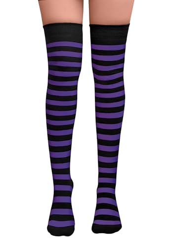 NuJake Striped Over The Knee Socks Fancy Dress Cosplay Girls UK Size 4-5.5 (Cotton Blend, Purple & Black)