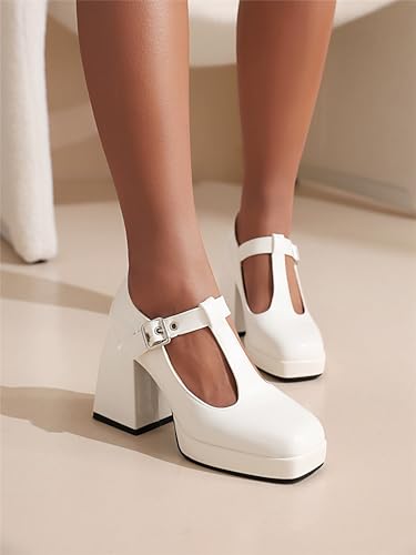 Women’s Platform T-Strap Mary Jane Shoes Chunky Block High Heels Ladies Closed Square Toe Dress Pumps with Buckle for Office Party Wedding Casual3