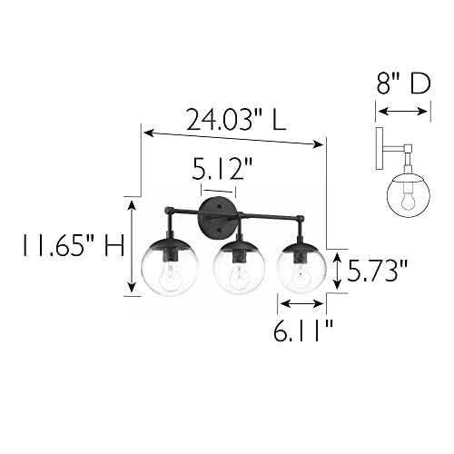 Image of Design House Gracelyn Matte Black 3-Light Bathroom Vanity Light, Clear Seedy Glass Globes, Dimmable, 24 in. W, 588889-BLK