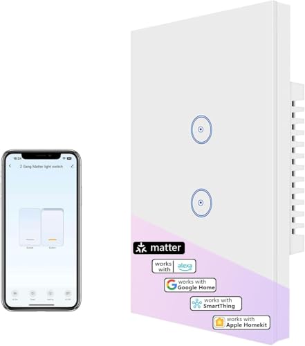 Interruttore a Parete Matter con Pannello in Vetro, Interruttore Touch Screen Bianco, Telecomando Wireless, Funzione di Temporizzazione, Compatibile con HomeKit, Alexa (2 gang, Bianco)