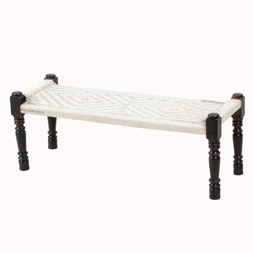 Image of Wooden Bench for Seating | Handcrafted Sheesham Wood Bench for Living Room, Balcony & Garden | Traditional Patio for Outdoor with Cotton Handwoven Rope | White