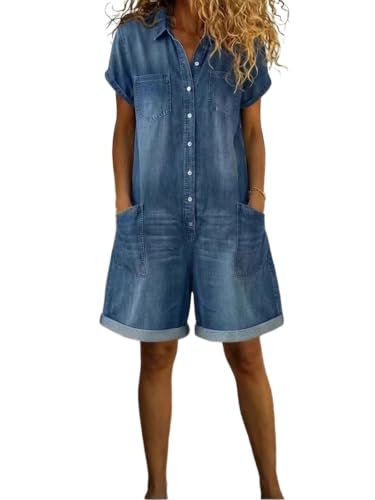 CHARTOU Summer Denim Romper for Women Baggy Wide Leg Jeans Jumpsuit Short Sleeve Button Down Shirt Romper (Medium Blue)