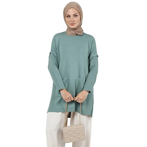 Image of Women's Knitted Sweater | Long Sleeve Loose Fit Sweaters with Front Pocket Detail | Modest Women's Clothing (US, Alpha, Small, Large, Regular, Regular, Sage Green)