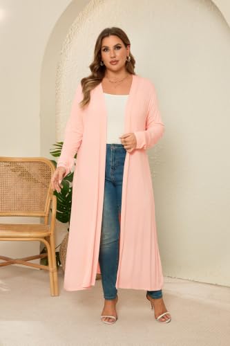 Image of Women Plus Size Floor Length Open Front Drape Cardigan Lightweight Long Sleeve Maxi Duster with Pockets 1X-5X