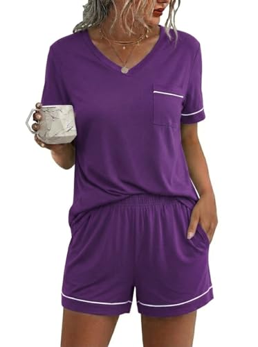 Image of Ekouaer Pajamas for Women Set Short Sleeve Loungewear Soft Pjs Shorts Set | V Neck Sleepwear with Pocket,Comfy Lounge Sets,Comfortable Fit,lightweight,Maternity,Gift,Sleeping & Bedtime,Lounging at Home