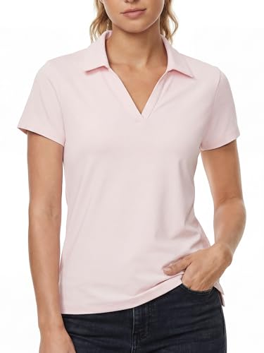 Stelle Womens V Neck Polo Shirts Short Sleeve Collared Tops Quick Dry Golf Tennis Work Casual Summer Tee（Ballet Pink，M） by Stelle - Image 2