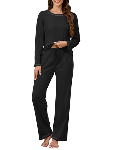 Image of KCW Womens Pajamas Sets 100% Cotton 2 Piece Lounge Set Long Sleeve Tops and Pants Soft Pjs Sleepwear with Pockets
