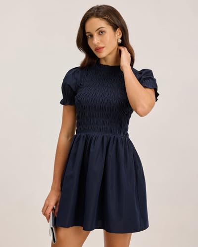 Image of RIHOAS Plaid Gingham Midi Dress Short Sleeve Smocked Dresses for Women | Cotton,Ruffle Puff Sleeves,Vintage Brown,Spring Summer Casual Daily,Picnic,Travel,Vacation,Christmas Festive Occasions