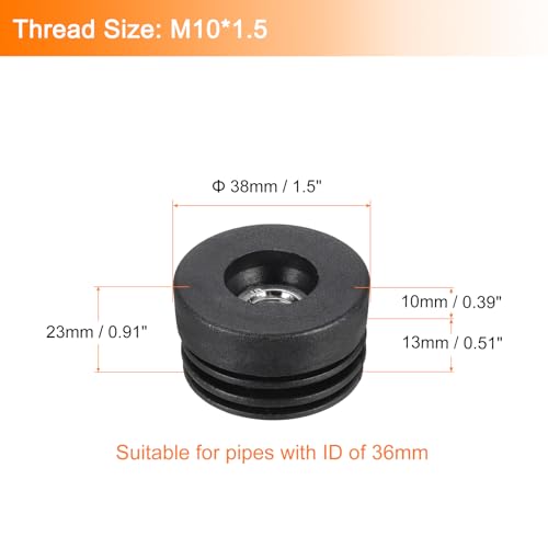 Image of uxcell 10Pcs Inserts for Round Tubes with M10 Thread, for 38mm /1.5 inch OD Round Tube, Round Black Plastic Plug Caster Insert Chair End Caps Furniture Leg Plug