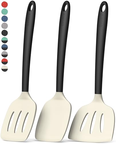 Image of Coukre 3 Pack Silicone Spatula Set, Heat Resistant to 500F, BPA-Free | Fish Spatula, Solid & Slotted Turners, Dishwasher Safe, Spatula Set for Eggs, Pancakes, Fish & Burgers, BeigeBlack