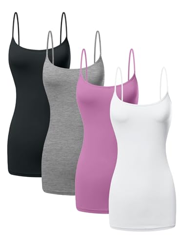 Image of Long Cotton Camisole Tank Tops for Women | Basic Braless Layering Tops with Adjustable Spaghetti Straps