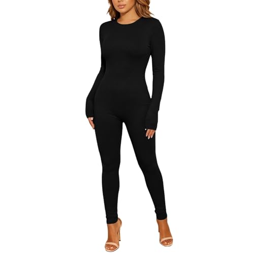 Image of RAOKENSU Yoga Bodysuit Women's Jumpsuit Long Sleeve Overall Sport Tight One-Piece Trouser Suit Sports Outfits Playsuit Stretch Bodycon Sports Suit Tracksuit Workout Full Body Suit, O Black, XL