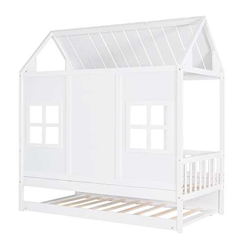 Image of House Bed with Trundle, Twin House Bed for Kids, Wooden Platform Bed Frame with Headboard and Roof, for Girls Boys (Twin Size, White)
