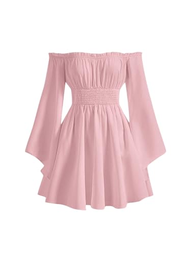 MakeMeChic Women's Off Shoulder Dress Baby Doll Bell Sleeve Shirred Flared A Line Mini Dresses Pink X-Small