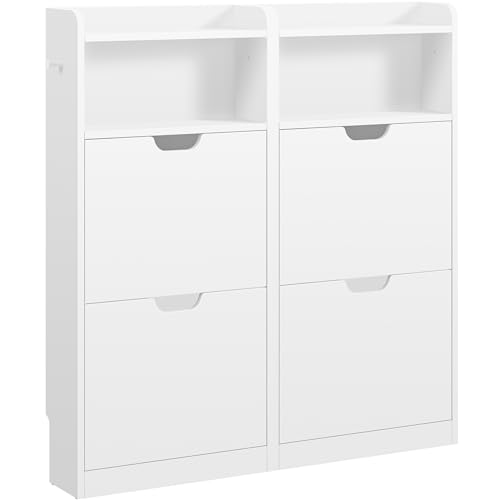 Yaheetech Schuhschrank 4 Klappen, Schuhkipper Schuhregal mit Offenen Fächern, Schuhablage Schmal für Eingang, Flur, Wohnzimmer, 100 × 17 × 108,5 cm, Weiß
