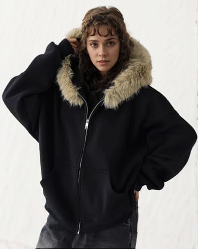 Unisex Zip Up Hoodie Men Fur Hood Jacket Grunge 2000s Lightweight Vintage Cropped Sweatshirt Y2k Streetwear2