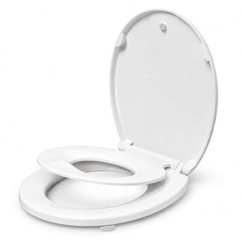 KHE Round Toilet Seat with Child Seat 16.5 Inch Soft Close Toilet Seat with No-Touch Handle Quick Release Non-Slip Durable PP White