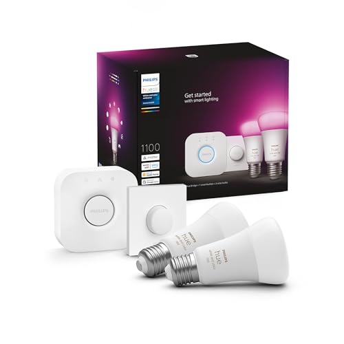 Philips Hue White & Color Ambiance Starter Set mit E27 Lampen 2-er Pack (1100), Smart Button + Hue Bridge, 16 Mio. Farben per Sprache und App steuerbar
