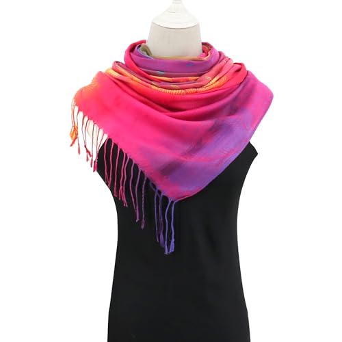 Colorful Pashmina Scarf and Shawls Soft Rave Wraps Jacquard Silk Satin Rainbow Scarf with Tassels Scarves2