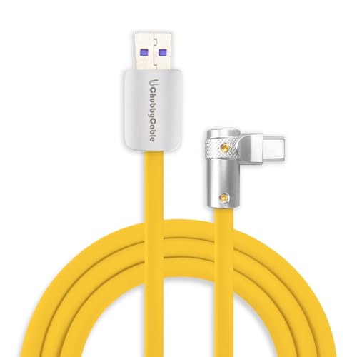 chubbycable FlexElbow 90 Degree 120W Fast Charging Cable Right Angle USB C Cable Silicone Charging Cord Compatible with iPhone 17-15 Series iPad, Yellow, USB-A to Type-C, 0.32FT