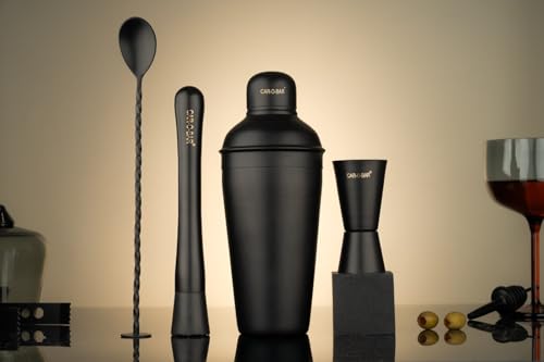 Image of Car-O-Bar Black Bar kit with Stand | Bar Set for Home - 10 Piece Bartender Kit :Cocktail Shaker, Bar Spoon, Jigger, Muddler, Strainer, Wine & Beer Bottle Opener, 2 Pourers,Tong, Wooden Stand