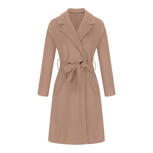 Womens Elegant Notched Collar Coats Faux Wool Blend Trench Coats Long Jacket With Belt Windproof Warm Thin Windbreaker #TOP7